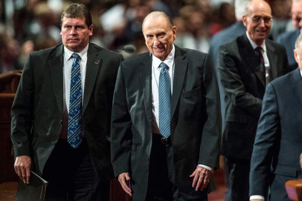 Chris Detrick  |  The Salt Lake Tribune
LDS Church President Thomas S. Monson leaves after the afternoon session of the 185th Annual LDS General Conference Saturday April 4, 2015.