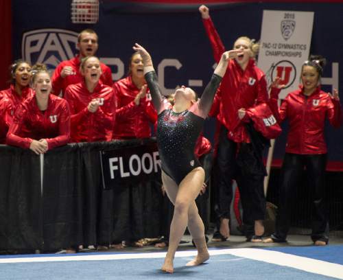 Rick Egan  |  The Salt Lake Tribune

Becky Tutka competes on the floor for the Utes, in the Pac-12 Gymnastics Championships at the Huntsman Center, Saturday, March 21, 2015.