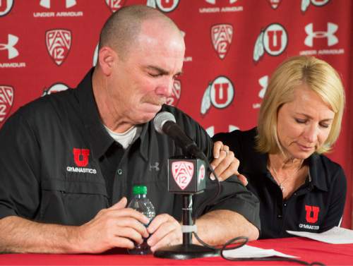 Rick Egan  |  The Salt Lake Tribune

Greg Marsden, Utah gymnastics coach for the past 40 years, gets emotional as he comments on his retirement, with his wife Megan at his side, at a news conference at the Huntsman Center, Tuesday, April 21, 2015.