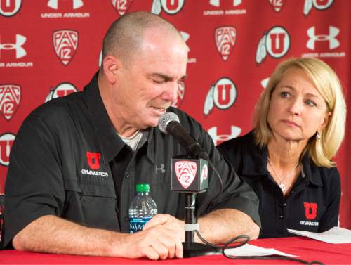 Rick Egan  |  The Salt Lake Tribune

Greg Marsden, Utah gymnastics coach for the past 40 years, gets emotional as he comments on his retirement, with his wife Megan at his side, at a news conference at the Huntsman Center, Tuesday, April 21, 2015.