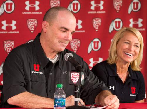 Rick Egan  |  The Salt Lake Tribune

Greg Marsden, Utah gymnastics coach for the past 40 years, comments on his retirement, with his wife Megan at his side, at a news conference at the Huntsman Center, Tuesday, April 21, 2015.
