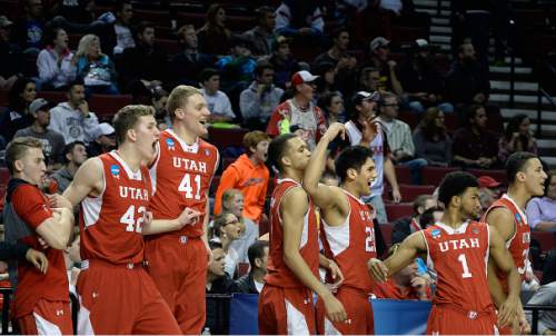 Scott Sommerdorf   |  The Salt Lake Tribune
The Utah bench including Utah Utes forward Jakob Poeltl (42) celebrates as Utah stretches it's lead late in the game. Utah defeated Georgetown 75-64 to advance to the "Sweet Sixteen", Saturday, March 21, 2015.