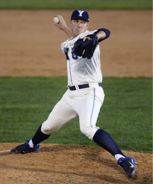 Steve Griffin  |  The Salt Lake Tribune

BYU pitcher Brandon Kinser fires to the plate during the BYU and Utah baseball game at BYU in Provo, Tuesday, April 21, 2015.