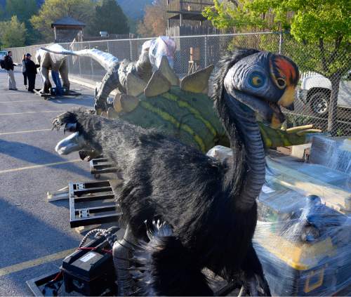 Al Hartmann  |  The Salt Lake Tribune 
One of the 14 life-size "animatronic" dinosaurs that arrived at Hogle Zoo Monday April 20, 2015. They will be set up throughout the zoo and displayed starting May 1 in the Zoorassic Park 2 exhibit.