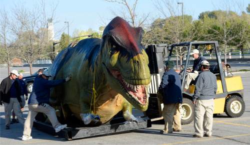 Al Hartmann  |  The Salt Lake Tribune 
Hogle Zoo staff carefully ease a Tyrannosaurus Rex with lifts from a semi trailer in the parking lot Monday April 20, 2015. Fourteen life-size "animatronic" dinosaurs arrived and will be set up throughout the zoo and displayed starting May 1 in the Zoorassic Park 2 exhibit.