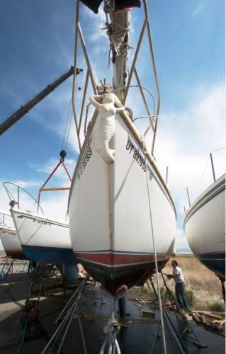 Steve Griffin  |  The Salt Lake Tribune

Sailboats that were removed from the Great Salt Lake State Marina by a crane sit on supports in Salt Lake City, Thursday, April 23, 2015. This time of year sailboats usually are put in, but this time about 80 boats are scheduled to be pulled out in the face of dropping lake levels that threaten to render the marina unusable for sailing.