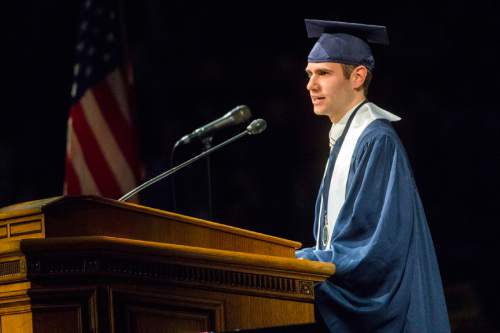 Chris Detrick  |  The Salt Lake Tribune
Ryan T. Barrett, who is graduating with a Bachelor of Science degree in mechanical engineering, speaks during Brigham Young University's Commencement Exercises at the Marriott Center Thursday April 23, 2015. A total of 5881 students from 10 colleges received degrees at the ceremonies, with 5004 students receiving bachelor's degrees, 692 students receiving master's degrees and 185 receiving doctoral degrees.