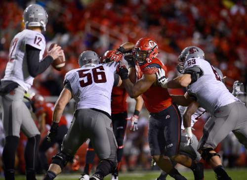 Scott Sommerdorf   |  The Salt Lake Tribune
Utah DE Nate Orchard could not get past the Washington State offensive line on this play that went for an 81 yard completion for a TD to give Wash. State the lead at 28-27. Utah lost 28-27 to Washington State, Saturday, September 27, 2014.