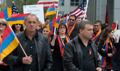 Steve Griffin  |  The Salt Lake Tribune

Hundreds of Utah Armenians and supporters demonstrate in front of Wallace F. Bennett Federal Building in Salt Lake City, Friday, April 24, 2015. The demonstration coincided with the 100th anniversary of the 1915 slaughter of Armenians by the Ottoman Turks at the end of the Ottoman Empire. Historians estimate that up to 1.5 million Armenians were killed. While scholars and several European countries consider the massacres as genocide, the United States government has avoided using the term officially.