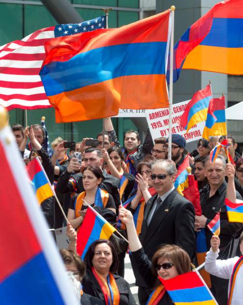 Steve Griffin  |  The Salt Lake Tribune

Hundreds of Utah Armenians and supporters demonstrate in front of Wallace F. Bennett Federal Building in Salt Lake City, Friday, April 24, 2015. The demonstration coincided with the 100th anniversary of the 1915 slaughter of Armenians by the Ottoman Turks at the end of the Ottoman Empire. Historians estimate that up to 1.5 million Armenians were killed. While scholars and several European countries consider the massacres as genocide, the United States government has avoided using the term officially.