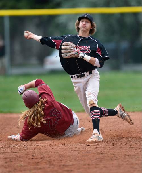 Scott Sommerdorf   |  The Salt Lake Tribune
Viewmont SS Ashton Hammond forces Brogan Poll at second during seventh inning play. Viewmont defeated Northridge 3-1, Friday, April 24, 2015.