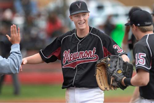 Scott Sommerdorf   |  The Salt Lake Tribune
Viewmont pitcher Tyler Erickson celebrates after getting the third out in the fifth inning on a hard comeback shot to him as Viewmont defeated Northridge 3-1, Friday, April 24, 2015.