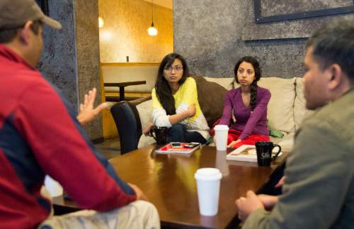 Rick Egan  |  The Salt Lake Tribune

Ram Chapagain, Romika Maharjan, and Aarati Ghimire,  and Sher Maharjan discuss ideas of how the local community can help the earthquake victims in Nepal, during an emergency meeting of the Nepalese Association,  in light of the earthquake, Saturday, April 25, 2015.