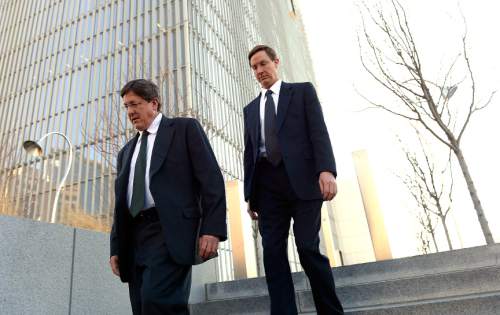 Leah Hogsten  |  The Salt Lake Tribune
l-r Lyle Jeffs, believed to be the FLDS bishop in Hildale, Utah, and Colorado City, Arizona, and Nephi Jeffs appeared in U. S. District Court in Salt Lake City, Wednesday, January 21, 2015. Both men, who are Warren Jeffs' brothers, have been served subpoenas in a U.S. Department of Labor lawsuit against Paragon Contractors, that provided labor for the Southern Utah Pecan Ranch near Hurricane. Both businesses are owned by members of the FLDS. Labor department investigators, according to court documents, believe that as many as 1,400 school-age children and their parents participated in the harvest.