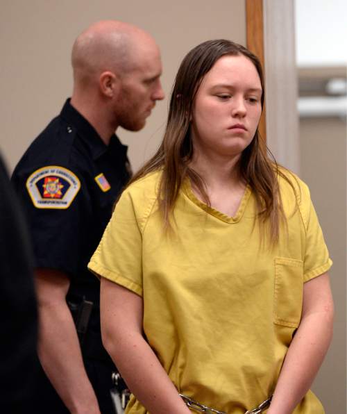 Al Hartmann  |  Tribune file photo 
Seventeen-year-old Meagan Grunwald, charged as an adult in Utah County deputies' shootings, makes her first appearance in Judge Darold McDade's 4th District Court in Provo Monday Feb. 24, 2014.