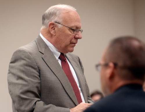 Al Hartmann  |  The Salt Lake Tribune

Defense lawyer Dean Zabriskie questions a witness during the Meagan Grunwald trial in Provo, Utah, on Thursday, April 30, 2015.   She is charged as an accomplice in a shooting spree that killed one police officer and wounded another on January 30, 2014.
