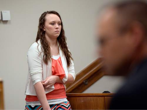 Al Hartmann  |  The Salt Lake Tribune

Meagan Grunwald who is charged as an accomplice in a shooting spree that killed one police officer and wounded another on January 30, 2014 enters Judge Darold McDade's courtroom in Provo, Utah, on Thursday, April 30, 2015.