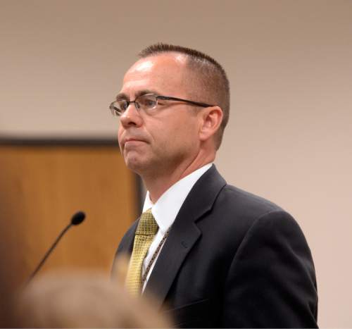 Al Hartmann  |  The Salt Lake Tribune

Utah County prosecuter Tim Taylor questions a witness during the Meagan Grunwald trial in Provo, Utah, on Thursday, April 30, 2015.   She is charged as an accomplice in a shooting spree that killed one police officer and wounded another on January 30, 2014.