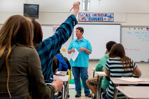 Trent Nelson  |  The Salt Lake Tribune
Bonneville Jr. High teacher Dr Rose Jacklin was surprised Thursday with the news that she is one of 11 Utah educators selected for this year's Huntsman Awards for Excellence in Education. Thursday April 30, 2015.