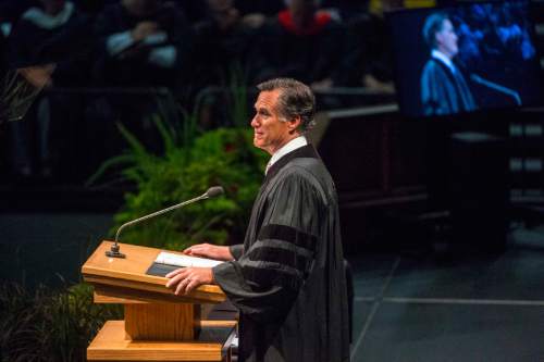 Chris Detrick  |  The Salt Lake Tribune
Mitt Romney speaks during Utah Valley University's Commencement Ceremonies at the UCCU Events Center Thursday April 30, 2015.