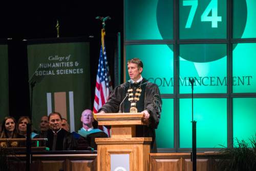 Chris Detrick  |  The Salt Lake Tribune
President Matthew S. Holland speaks during Utah Valley University's Commencement Ceremonies at the UCCU Events Center Thursday April 30, 2015.