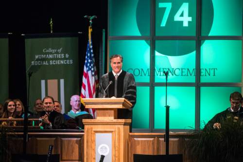 Chris Detrick  |  The Salt Lake Tribune
Mitt Romney speaks during Utah Valley University's Commencement Ceremonies at the UCCU Events Center Thursday April 30, 2015.