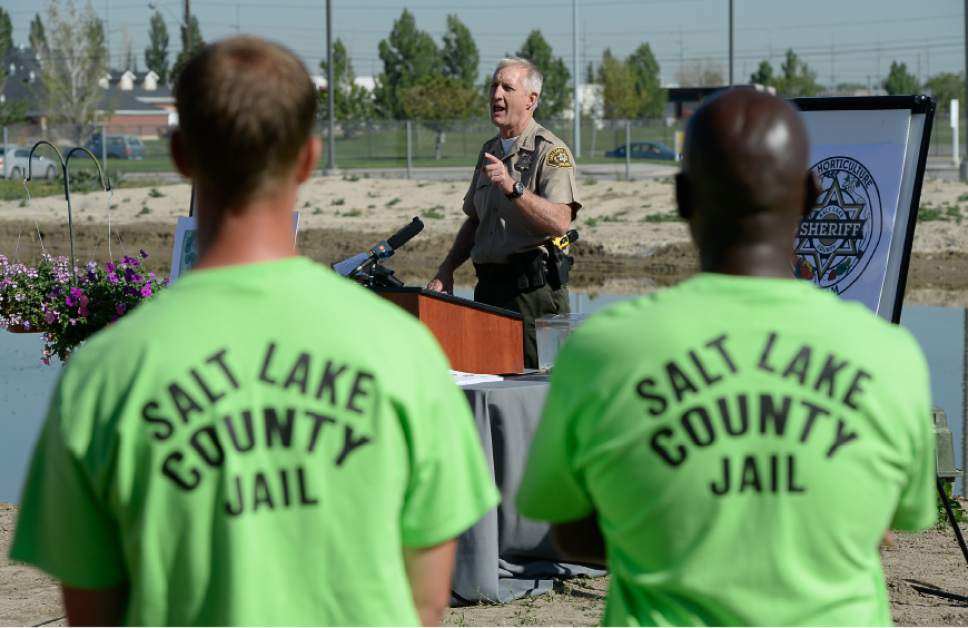 Francisco Kjolseth  |  The Salt Lake Tribune 
Salt Lake County Sheriff James M. Winder acknowledges a new program aimed at inmates by saying "these are human beings that need a little guidance" as the Sheriff's Office opens the new jail pond, where 5,000 native Utah "Least Chub" will be planted. The purpose of the program is to repopulate the threatened species while teaching prisoners new concepts and skills in science and sustainability.