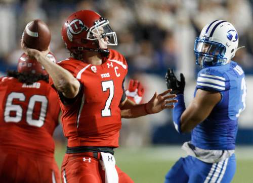 Trent Nelson  |  The Salt Lake Tribune
Utah Utes quarterback Travis Wilson (7) throws the ball in the fourth quarter as the BYU Cougars host the Utah Utes, college football Saturday, September 21, 2013 at LaVell Edwards Stadium in Provo.