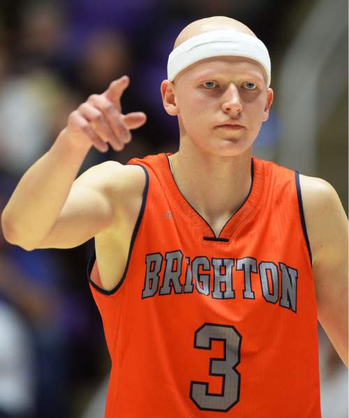 Steve Griffin  |  The Salt Lake Tribune

Brighton's Brock Miller (3) directs traffic during quarterfinals of the boy's 5A basketball state tournament game against Hunter at the Dee Event Center in Ogden, Wednesday, February 25, 2015.