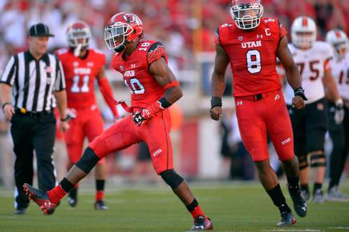 Chris Detrick  |  The Salt Lake Tribune
Utah Utes defensive back Eric Rowe (18) celebrates a tackle during the first half of the game at Rice-Eccles stadium Thursday August 28, 2014. Utah is winning the game 35-7.