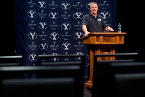 Bronco Mendenhall head coach at BYU speaks to media during national signing day Wednesday, Feb. 4, 2015, in Provo, Utah. (AP Photo/The Daily Herald, Sammy Jo Hester)