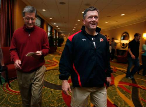 WHITTINGHAM
University of Utah athletic drector Chris Hill (left) and Utah head coach Kyle Whittingham walk to the podium together to annouce the new contract ectended to Whittingham. Terms were announced as 6 million over 5 years. 
A press conference was held to announce that the University of Utah has extended head coach Kyle Whittingham's contract to coach their football team, Monday, 12/29/08.
Scott Sommerdorf / The Salt Lake Tribune