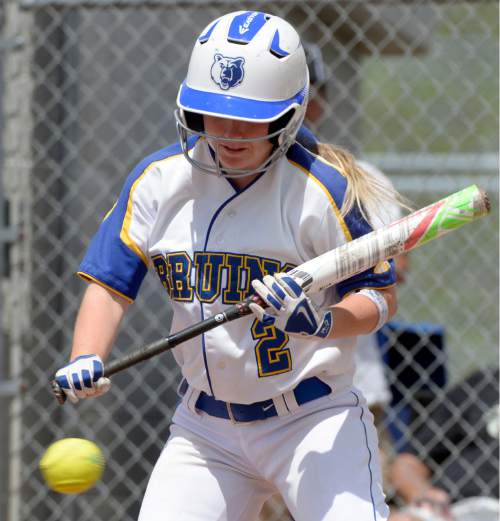 Al Hartmann  |  The Salt Lake Tribune
SLCC softball player Payton Hart puts up a bunt  against the Golden Eagles of Southern Idaho Friday May 1.