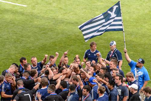 Trent Nelson  |  The Salt Lake Tribune
BYU rugby players celebrate their national championship after defeating Cal in the Penn Mutual Varsity Cup National Rugby Championship at Rio Tinto Stadium in Sandy, Saturday May 2, 2015.