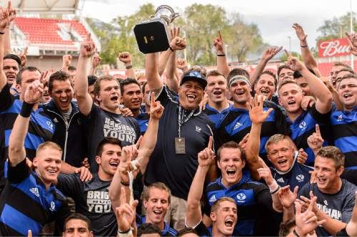 Trent Nelson  |  The Salt Lake Tribune
BYU players celebrate their national championship after defeating Cal in the Penn Mutual Varsity Cup National Rugby Championship at Rio Tinto Stadium in Sandy, Saturday May 2, 2015.