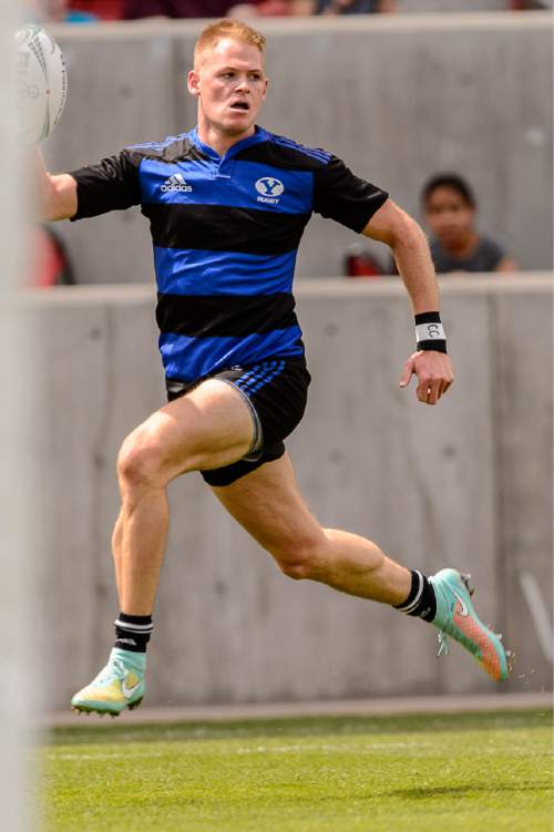 Trent Nelson  |  The Salt Lake Tribune
BYU's Josh Anderson (14) scores a try as BYU faces Cal in the Penn Mutual Varsity Cup National Rugby Championship at Rio Tinto Stadium in Sandy, Saturday May 2, 2015.