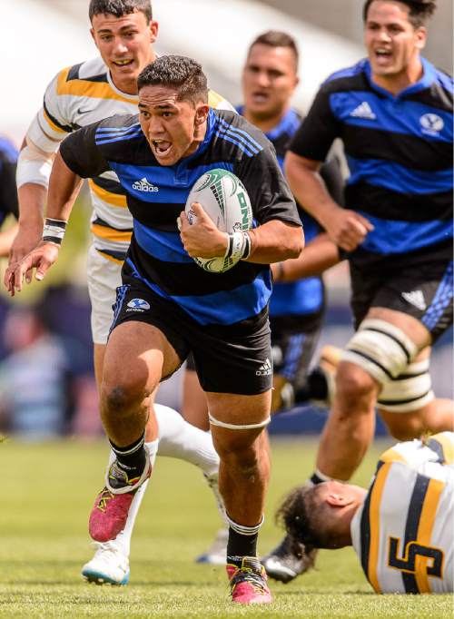 Trent Nelson  |  The Salt Lake Tribune
BYU's Ara Elkington (7) runs as BYU faces Cal in the Penn Mutual Varsity Cup National Rugby Championship at Rio Tinto Stadium in Sandy, Saturday May 2, 2015.