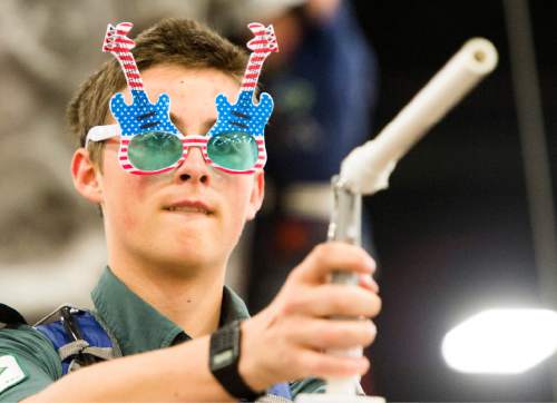 Rick Egan  |  The Salt Lake Tribune
Jared Hales, 17, wears safety glasses as he competes in the turkey shoot, at the Utah Scouting Expo at the South Towne Expo Center on Saturday, May 2, 2015.