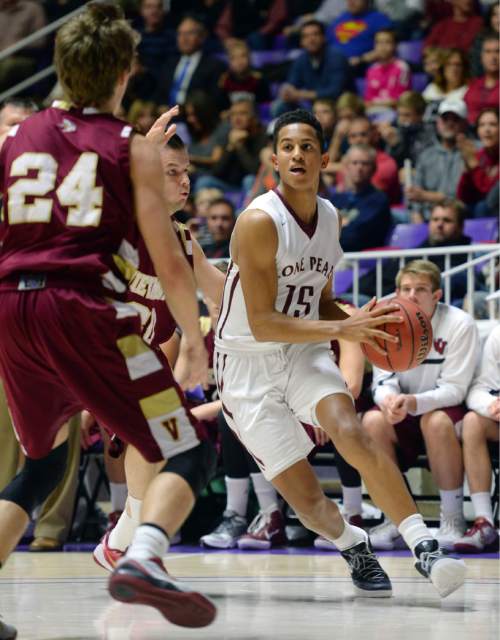 Steve Griffin  |  The Salt Lake Tribune

Lone Peak's Franklin Jackson (15)  drives against Viewmont  during quarterfinals of the boy's 5A basketball state tournament game at the Dee Event Center in Ogden, Wednesday, February 25, 2015.