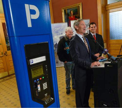 Francisco Kjolseth  |  The Salt Lake Tribune 
Mayor Ralph Becker announces the all new, upgraded parking system that replaces the one many hate during a press announcement at City Hall on Tuesday, March 3, 2015.