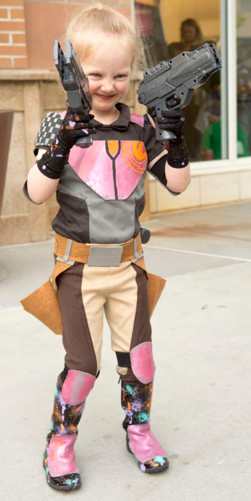 Rick Egan  |  The Salt Lake Tribune

Ainsley Call, 4½, dresses up to celebrate Star Wars Day with Salt Lake Comic Con and Urban Arts Gallery at the Gateway, Monday, May 4, 2015.