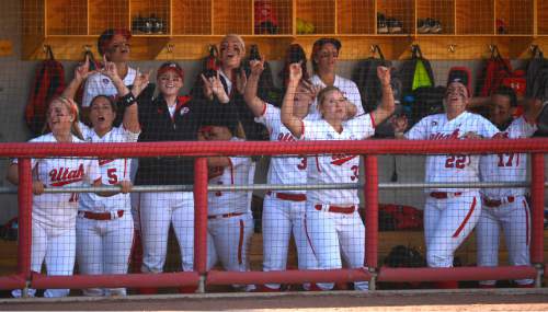Leah Hogsten  |  The Salt Lake Tribune
Utah's dugout gets fired up in the bottom of the 7th inning after two runs. The University of Utah softball team was defeated during their home debut, Saturday, by Oregon, 4-2, March 21, 2015 .