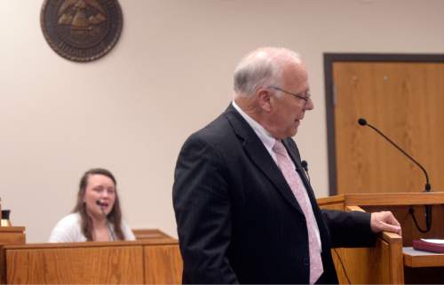 Al Hartmann |  The Salt Lake Tribune
Defense attorney Dean Zabriskie questions his client Meagan Grunwald on the witness stand Wednesday, May 6, 2015, in Judge Darold McDade's courtroom in Provo. She testified in her own defense. She is charged as an accomplice in a shooting spree that killed one police officer and wounded another on Jan. 30, 2014.