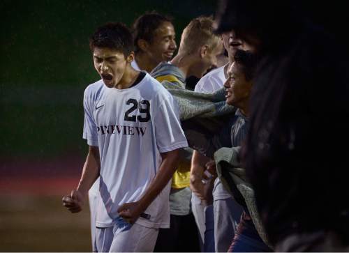 Scott Sommerdorf   |  The Salt Lake Tribune
Pineview's Aaron Canales yells after Pineview defeated Snow Canyon in a rough, emotional game that saw two Snow Canyon players sent off with red cards. Pineview defeated Snow Canyon 2-1 at Alta High, Friday, May 8, 2015.
