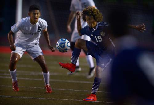 Scott Sommerdorf   |  The Salt Lake Tribune
Pineview midfielder Frederico Resendis, left, defends Snow Canyon's Axel Nino during second half play as Pineview defeated Snow Canyon 2-1 in a 2A semi-final game at Alta High, Friday, May 8, 2015.
