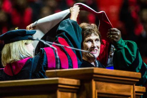 Chris Detrick  |  The Salt Lake Tribune
Anne Cullimore Decker, an actress and University of Utah instructor, receives an honorary doctorate of fine arts, during the University of Utah Commencement Ceremony at the Jon M. Huntsman Center Thursday May 7, 2015.
