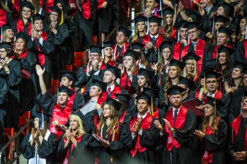 Chris Detrick  |  The Salt Lake Tribune
Undergraduate students cheer during the University of Utah Commencement Ceremony at the Jon M. Huntsman Center Thursday May 7, 2015.