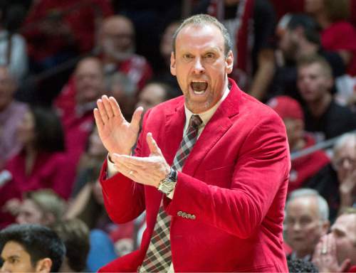 Rick Egan  |  The Salt Lake Tribune

Utah Utes men's basketball, Head coach Larry Krystkowiak shouts at the official, in Pac-12 Basketball action at the Huntsman Center, Saturday, February 28, 2015.