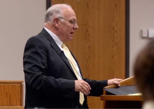 Al Hartmann |  The Salt Lake Tribune
Defense attorney Dean Zabriskie gives closing arguments to the jury in the Meagan Grunwald trial Friday May 8 in Provo. Grunwald is charged as an accomplice in a shooting spree that killed one police officer and wounded another on January 30, 2014.