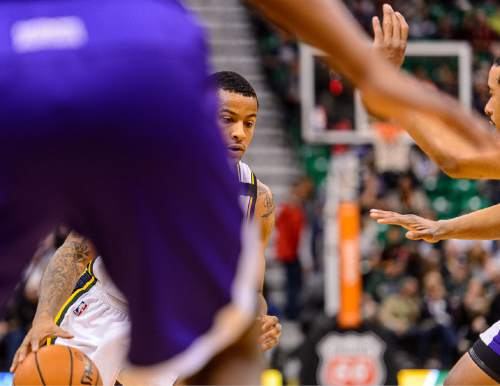 Trent Nelson  |  The Salt Lake Tribune
Utah Jazz guard Trey Burke (3) dribbles the ball as the Utah Jazz host the Sacramento Kings at EnergySolutions Arena in Salt Lake City, Wednesday April 8, 2015.